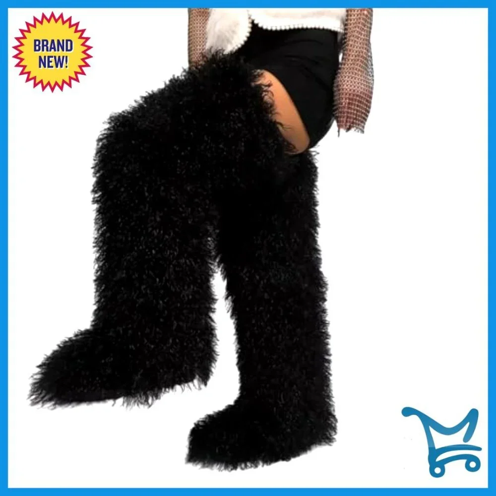 29-Inch Over-the-Knee Faux Fur Boots Flat Sole Winter Women's Shoes